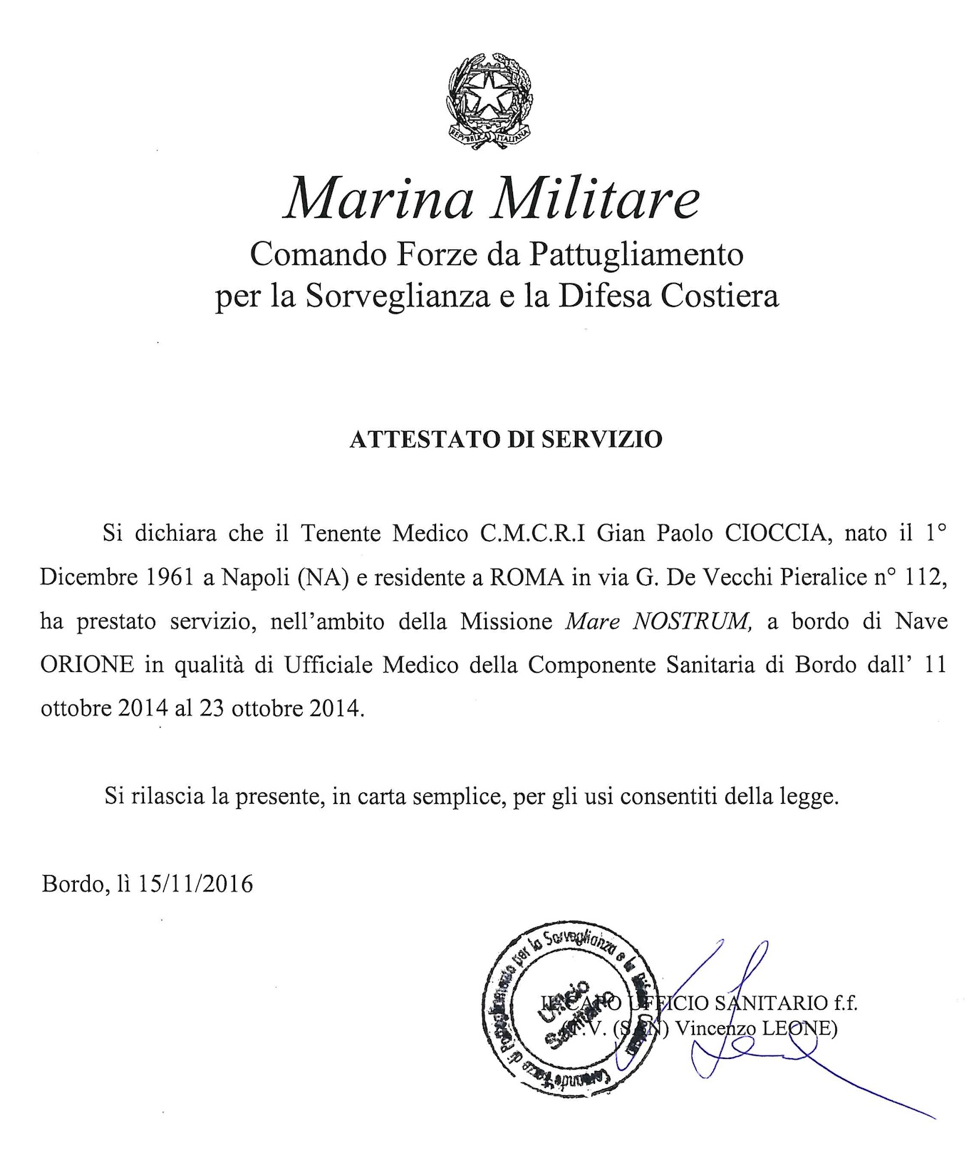Attestato della Marina Militare